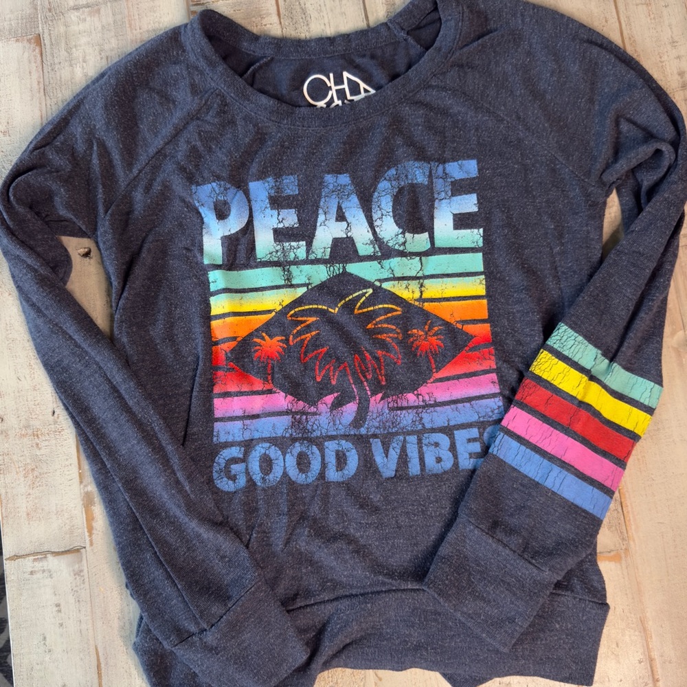 Chaser Small Graphic Sweatshirt ‑ ‘Peace Good Vibes’ Palm Trees Retro Style
